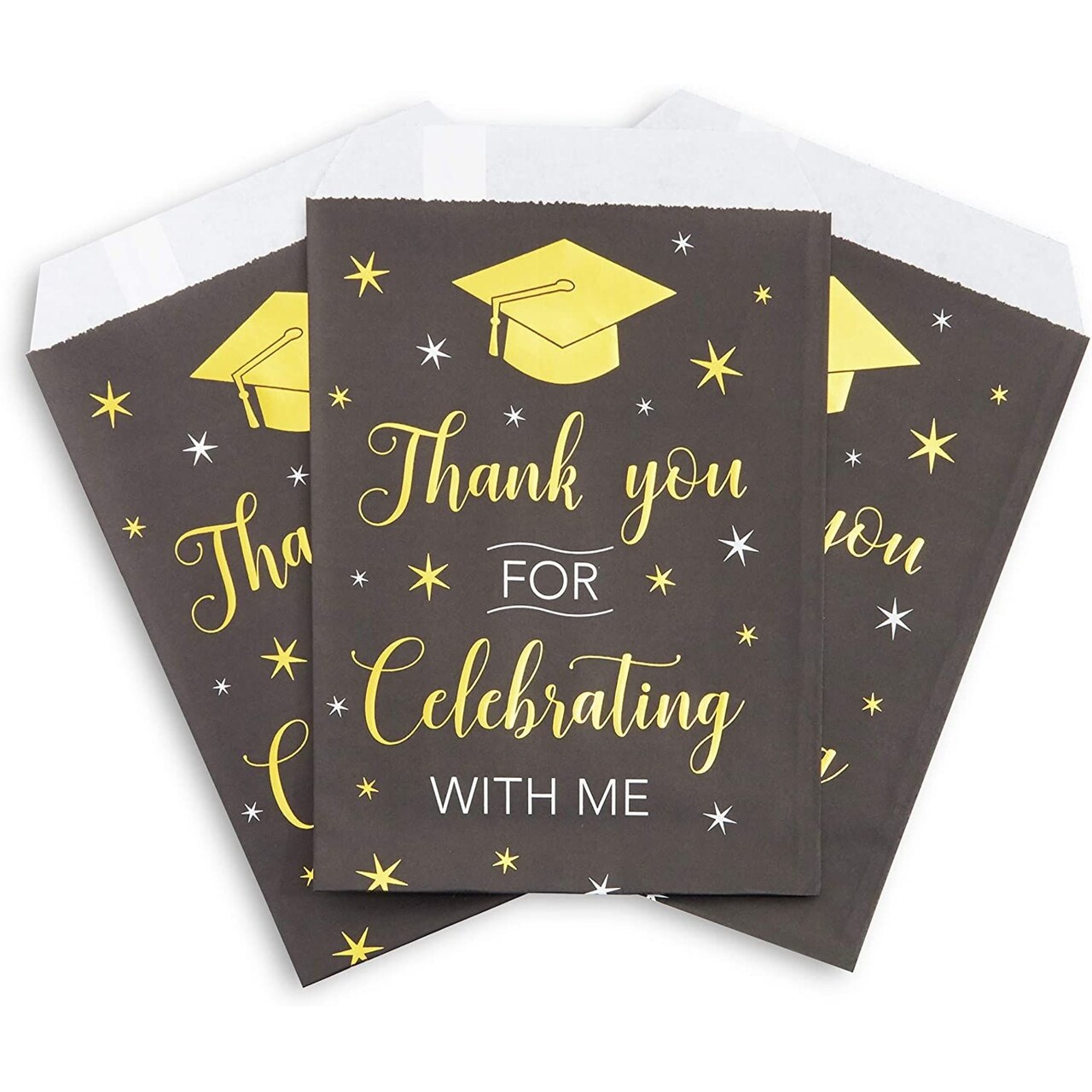 100 Pack Graduation Paper Gift Bags, Black and Gold Grad Cap Kraft Treat Bag for Class of 2025 Grad Party Favors, 5 x 7.5 in